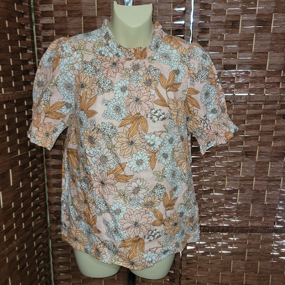 J. Crew Smocked Puff-Sleeve Linen Top in Zinnia Floral